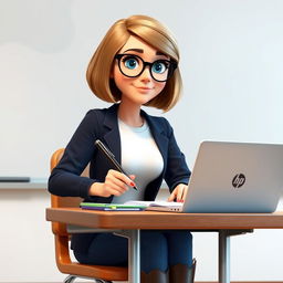 A Disney Pixar-style animated character of a pretty 50-year-old female teacher with a bob haircut, blue eyes, and light brown hair