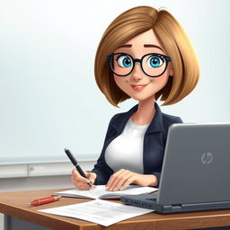 A Disney Pixar-style animated character of a pretty 50-year-old female teacher with a bob haircut, blue eyes, and light brown hair