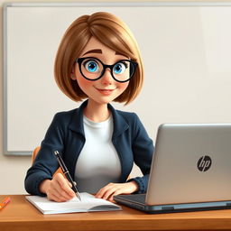 A Disney Pixar-style animated character of a pretty 50-year-old female teacher with a bob haircut, blue eyes, and light brown hair