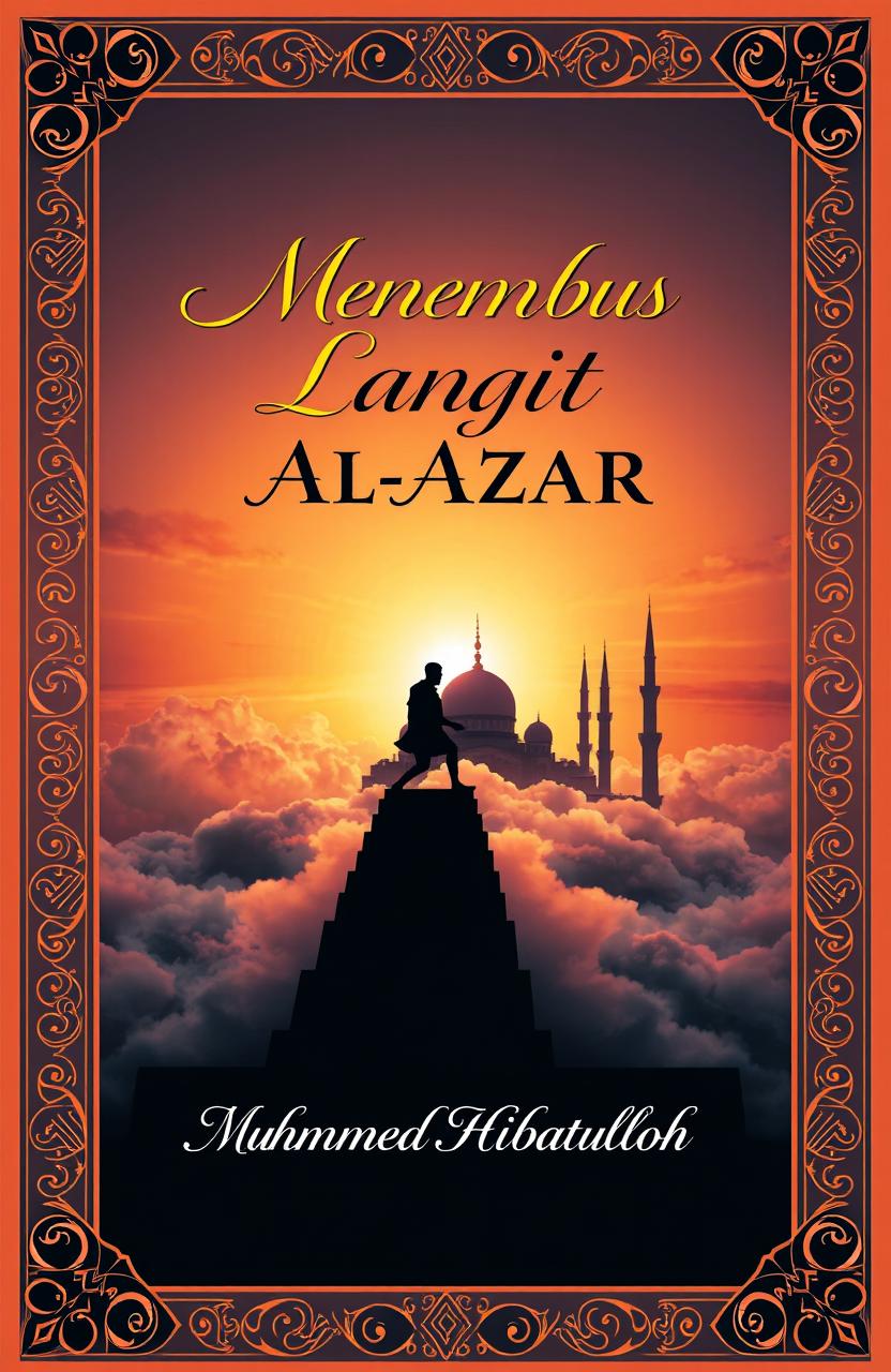 A captivating book cover design for a novel entitled "Menembus Langit Al-Azhar" (Breaking through the Skies of Al-Azhar)