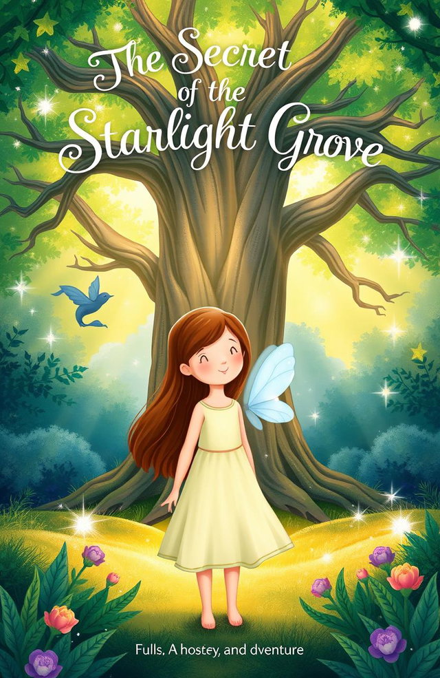 A colorful illustration for the front cover of a children's book titled 'The Secret of the Starlight Grove