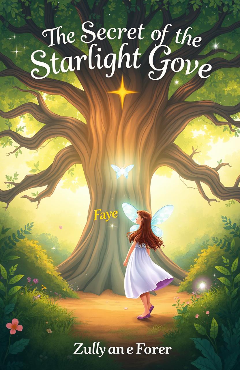 A colorful illustration for the front cover of a children's book titled 'The Secret of the Starlight Grove