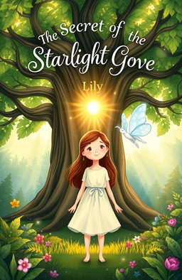 A colorful illustration for the front cover of a children's book titled 'The Secret of the Starlight Grove