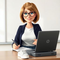 A Disney Pixar-style character of a pretty 50-year-old female teacher with a slight smile