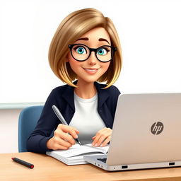 A Disney Pixar-style character of a pretty 50-year-old female teacher with a slight smile