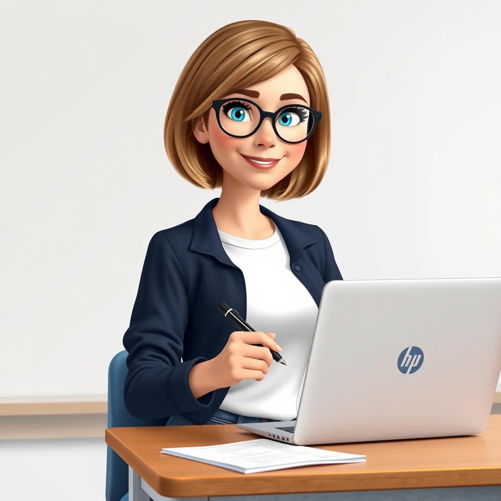 A Disney Pixar-style character of a pretty 50-year-old female teacher with a slight smile