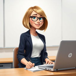 A Disney Pixar-style character of a pretty 50-year-old female teacher with a slight smile