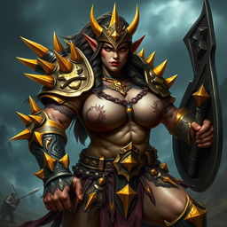 A powerful female orc captain known as Crimson Fang, adorned in striking gold-spiked armor that reflects her formidable presence