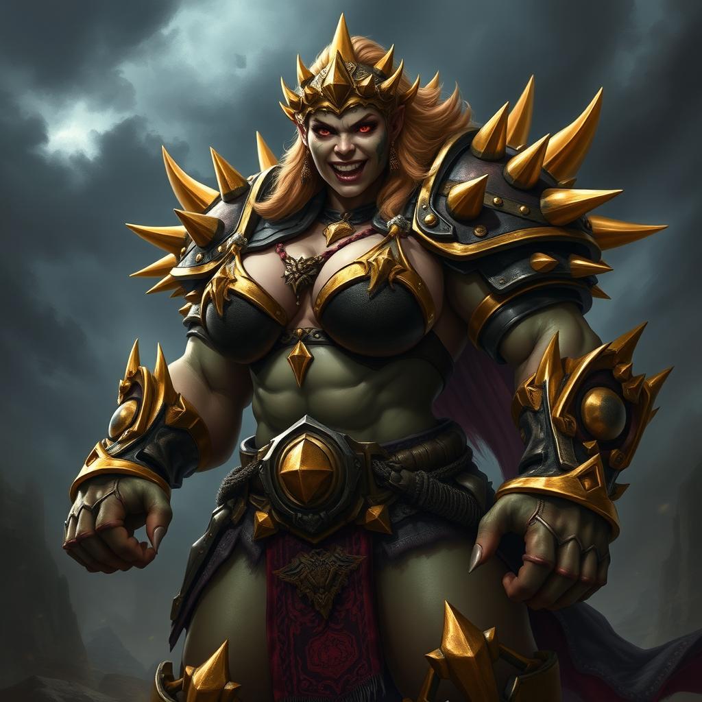 A powerful female orc captain known as Crimson Fang, adorned in striking gold-spiked armor that reflects her formidable presence
