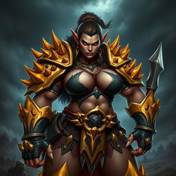 A powerful female orc captain known as Crimson Fang, adorned in striking gold-spiked armor that reflects her formidable presence