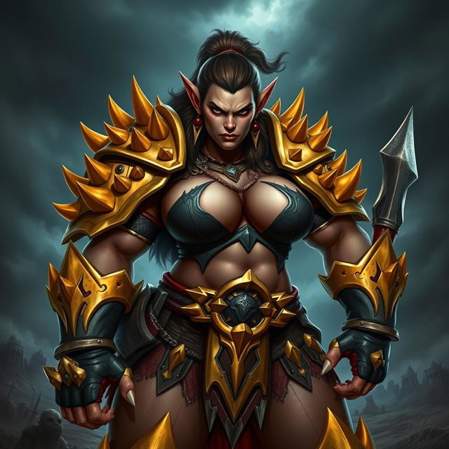 A powerful female orc captain known as Crimson Fang, adorned in striking gold-spiked armor that reflects her formidable presence