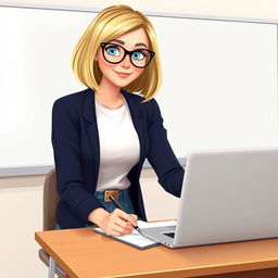 A Disney Pixar-style illustration of a pretty 50-year-old female teacher character with a bob haircut featuring blue eyes and blond highlights