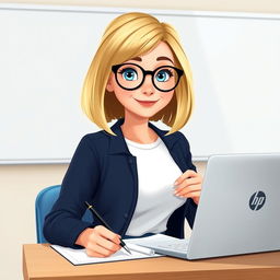 A Disney Pixar-style illustration of a pretty 50-year-old female teacher character with a bob haircut featuring blue eyes and blond highlights