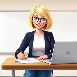 A Disney Pixar-style illustration of a pretty 50-year-old female teacher character with a bob haircut featuring blue eyes and blond highlights