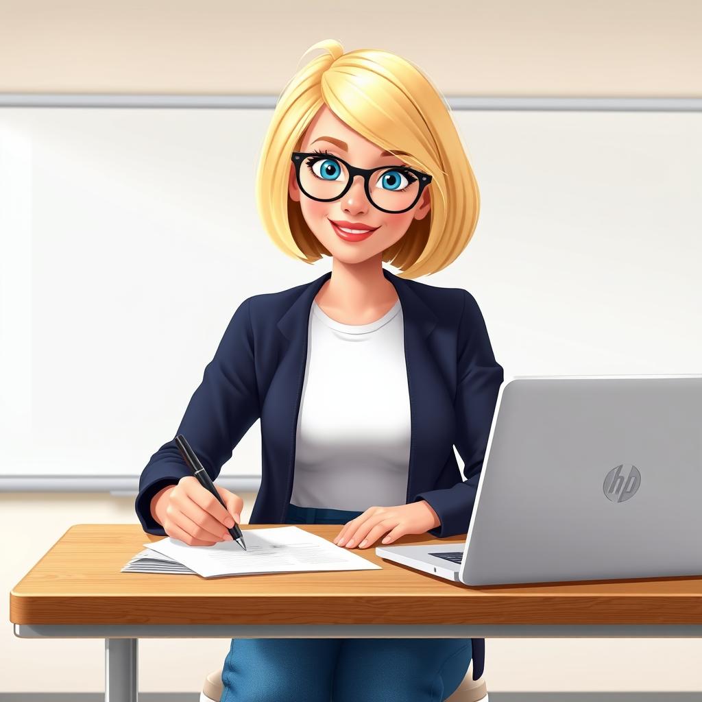A Disney Pixar-style illustration of a pretty 50-year-old female teacher character with a bob haircut featuring blue eyes and blond highlights