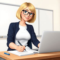 A Disney Pixar-style illustration of a pretty 50-year-old female teacher character with a bob haircut featuring blue eyes and blond highlights