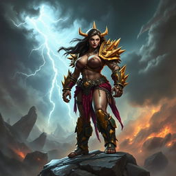 A formidable female orc captain named Crimson Fang, clad in striking gold-spiked armor that enhances her commanding presence