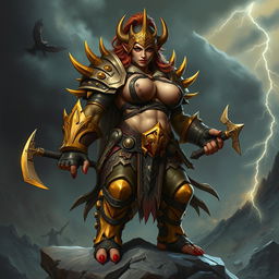 A formidable female orc captain named Crimson Fang, clad in striking gold-spiked armor that enhances her commanding presence