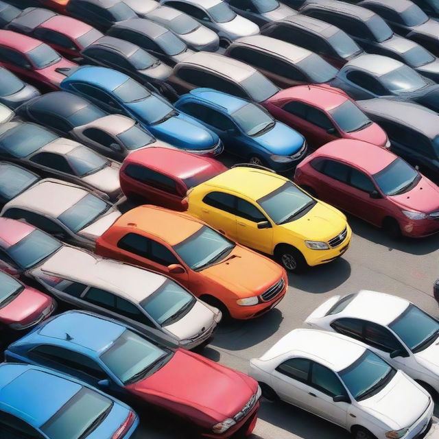 A spacious used car lot filled with a variety of cars from different years and models, with colorful price tags hanging from the mirrors.