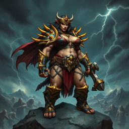 A formidable female orc captain named Crimson Fang, clad in striking gold-spiked armor that enhances her commanding presence