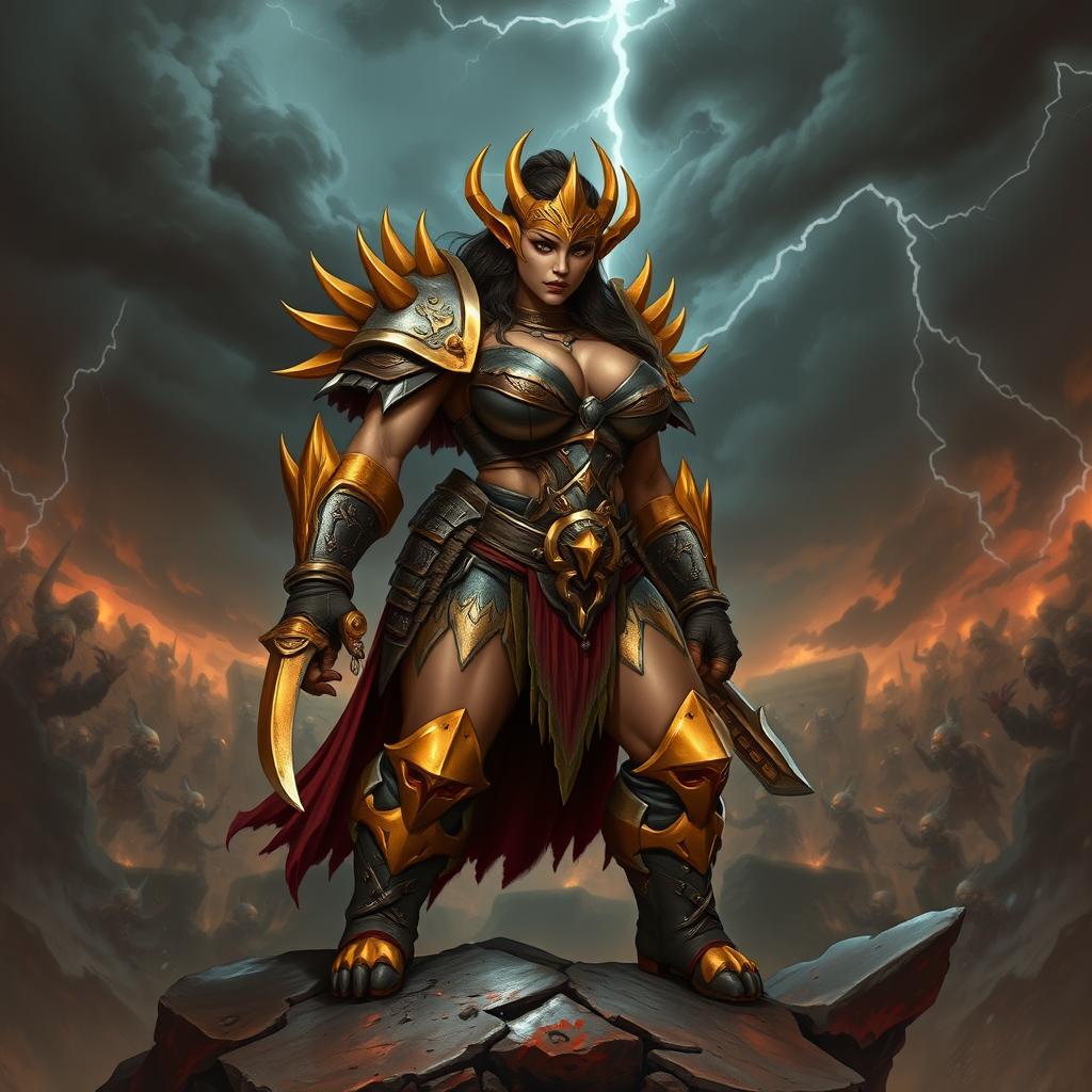 A formidable female orc captain named Crimson Fang, clad in striking gold-spiked armor that enhances her commanding presence