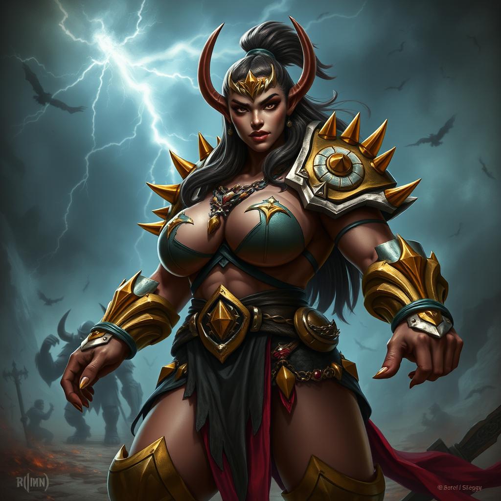 Crimson Fang, a formidable female orc captain, depicted in stunning detail wearing striking gold-spiked armor that signifies her status and strength