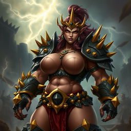 Crimson Fang, a formidable female orc captain, depicted in stunning detail wearing striking gold-spiked armor that signifies her status and strength