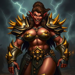 Crimson Fang, a formidable female orc captain, depicted in stunning detail wearing striking gold-spiked armor that signifies her status and strength