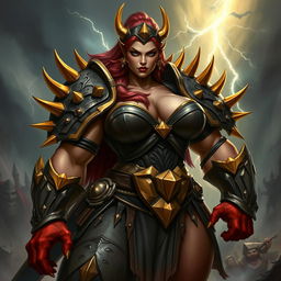 Crimson Fang, a formidable female orc captain, depicted in stunning detail wearing striking gold-spiked armor that signifies her status and strength