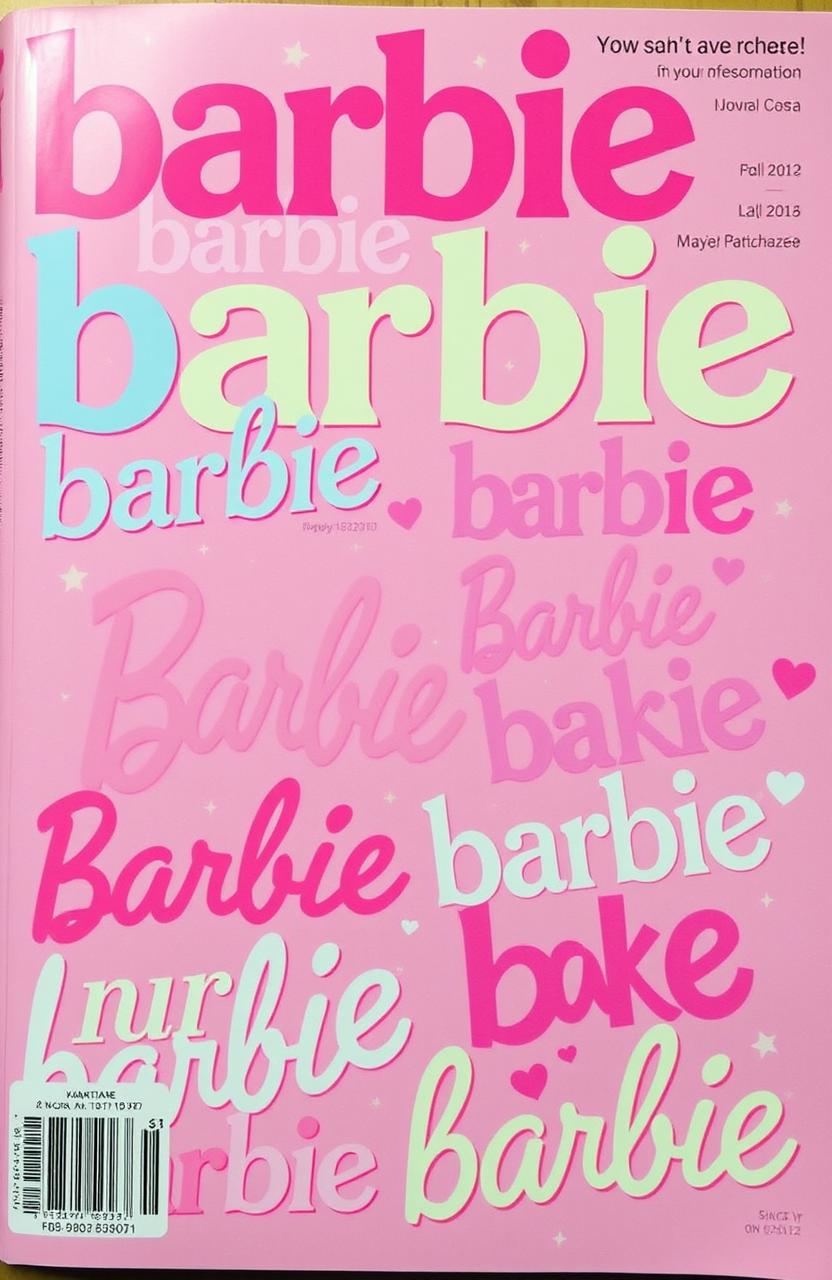 A stylish and vibrant magazine cover filled with the word 'barbie' in various colorful fonts and sizes, repeating all across the cover