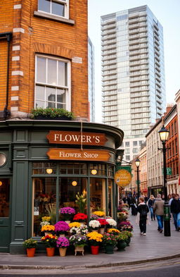 A quaint flower shop located on the corner of a charming old London street, with vintage architecture and colorful flower displays in front