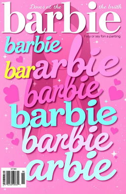 A stylish and vibrant magazine cover filled with the word 'barbie' in various colorful fonts and sizes, repeating all across the cover