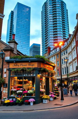 A quaint flower shop located on the corner of a charming old London street, with vintage architecture and colorful flower displays in front