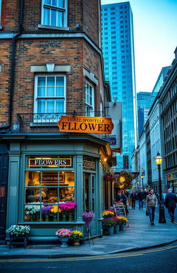 A quaint flower shop located on the corner of a charming old London street, with vintage architecture and colorful flower displays in front