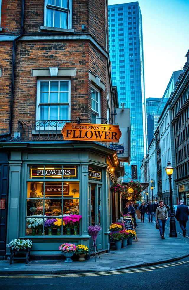 A quaint flower shop located on the corner of a charming old London street, with vintage architecture and colorful flower displays in front