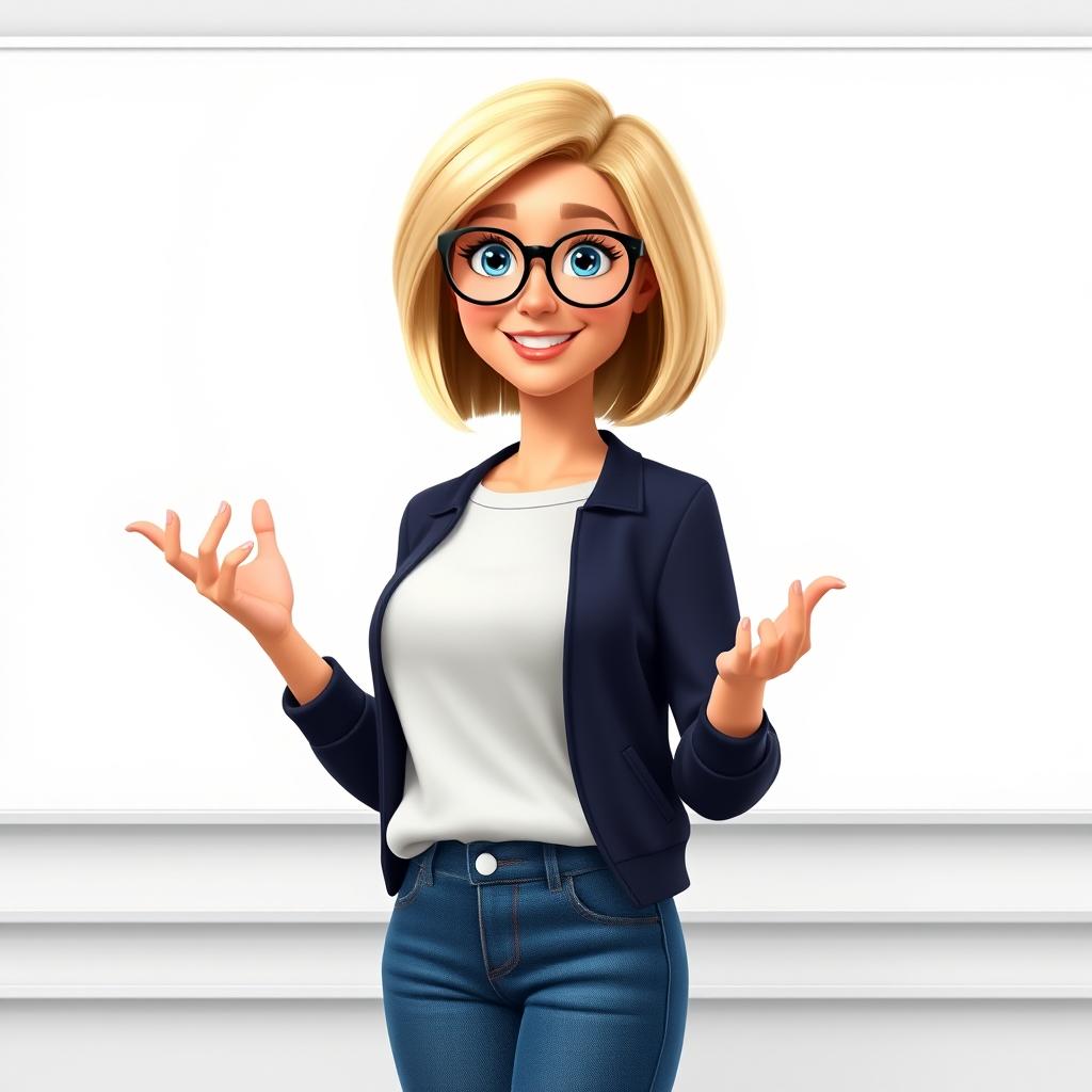 A Disney Pixar-style pretty female teacher character, aged 50, with a bob haircut featuring blond highlights and blue eyes