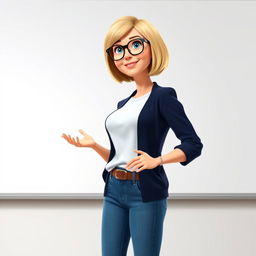 A Disney Pixar-style pretty female teacher character, aged 50, with a bob haircut featuring blond highlights and blue eyes