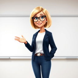A Disney Pixar-style pretty female teacher character, aged 50, with a bob haircut featuring blond highlights and blue eyes