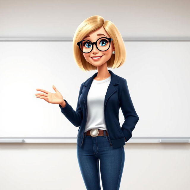 A Disney Pixar-style pretty female teacher character, aged 50, with a bob haircut featuring blond highlights and blue eyes