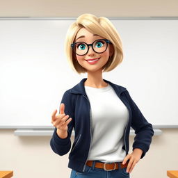 A Disney Pixar-style pretty female teacher character, aged 50, with a bob haircut featuring blond highlights and blue eyes