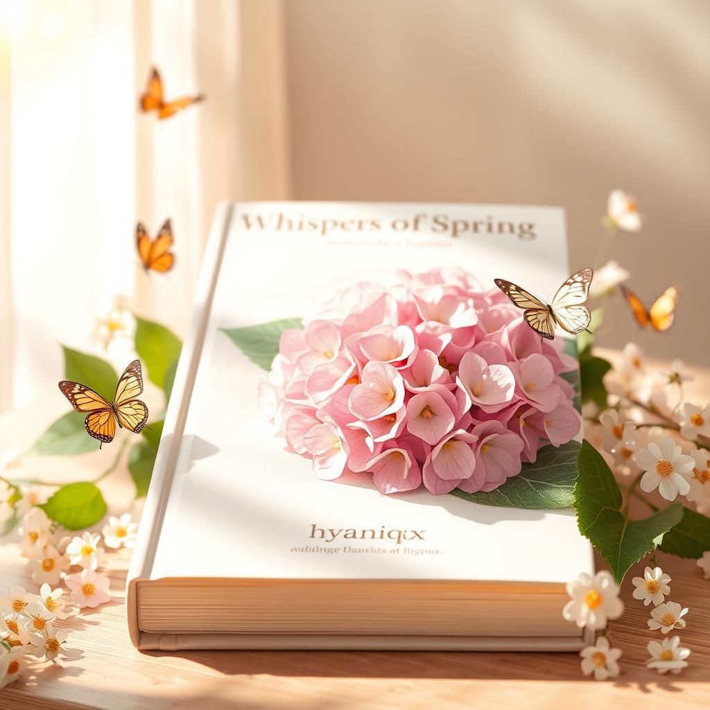 A stunning book titled "Whispers of Spring" featuring a beautiful Hydrangea as the central visual element
