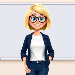 A Disney Pixar-style character of a pretty 50-year-old female teacher with a bob haircut featuring blond highlights and striking blue eyes