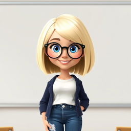 A Disney Pixar-style character of a pretty 50-year-old female teacher with a bob haircut featuring blond highlights and striking blue eyes