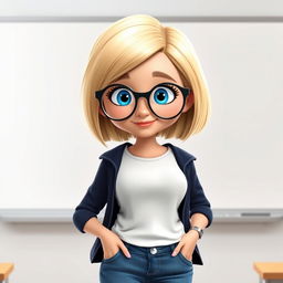 A Disney Pixar-style character of a pretty 50-year-old female teacher with a bob haircut featuring blond highlights and striking blue eyes