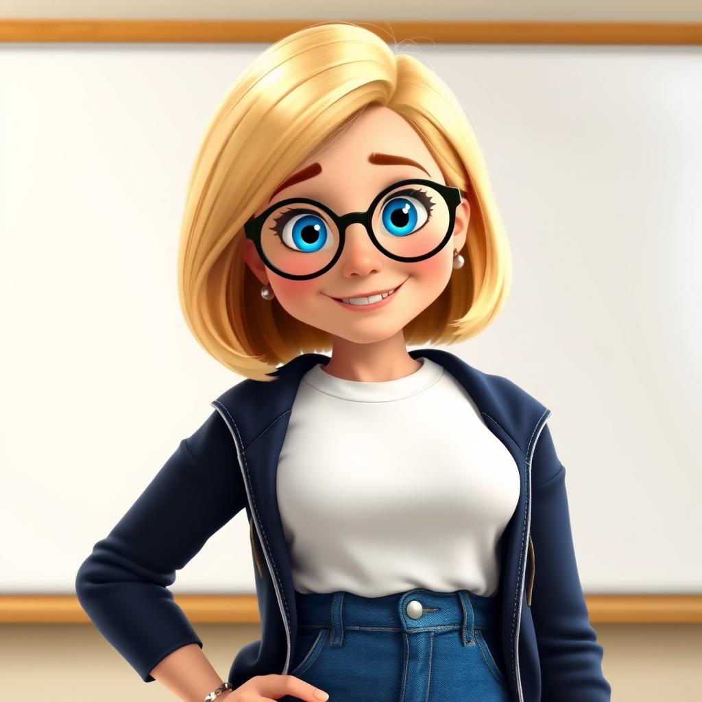 A Disney Pixar-style character of a pretty 50-year-old female teacher with a bob haircut featuring blond highlights and striking blue eyes