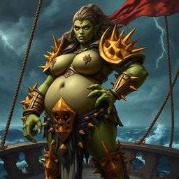 An imposing female orc gally captain, known as Crimson Fang, showcases her powerful presence