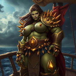An imposing female orc gally captain, known as Crimson Fang, showcases her powerful presence