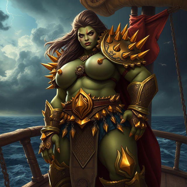 An imposing female orc gally captain, known as Crimson Fang, showcases her powerful presence