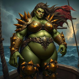 An imposing female orc gally captain, known as Crimson Fang, showcases her powerful presence