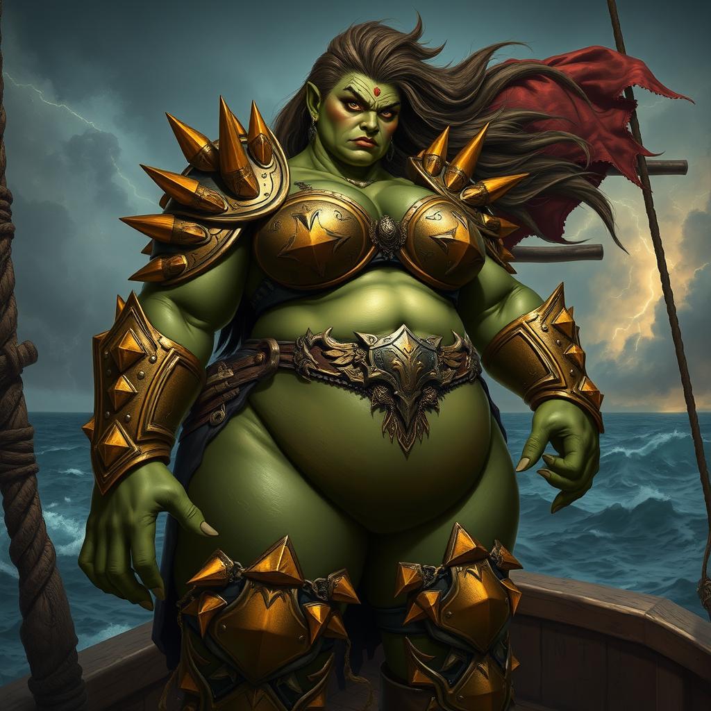 An imposing female orc gally captain, known as Crimson Fang, showcases her powerful presence